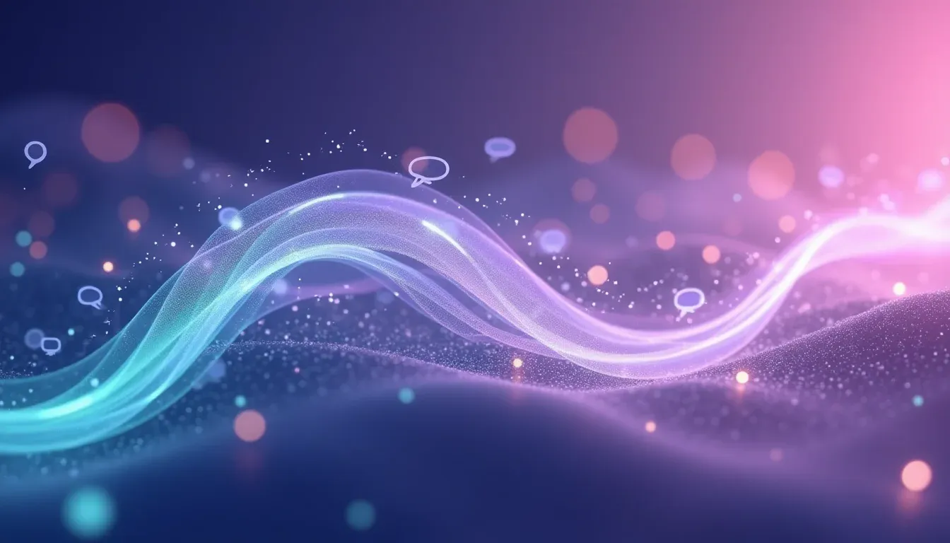 Abstracte visualisatie van geautomatiseerde klantenservice met vloeiende communicatiestromen