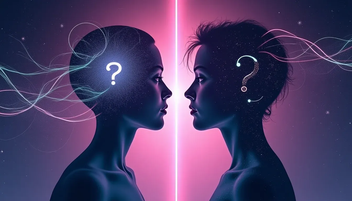 Twee abstracte silhouetten gescheiden door lichtlijn, menselijk versus digitaal