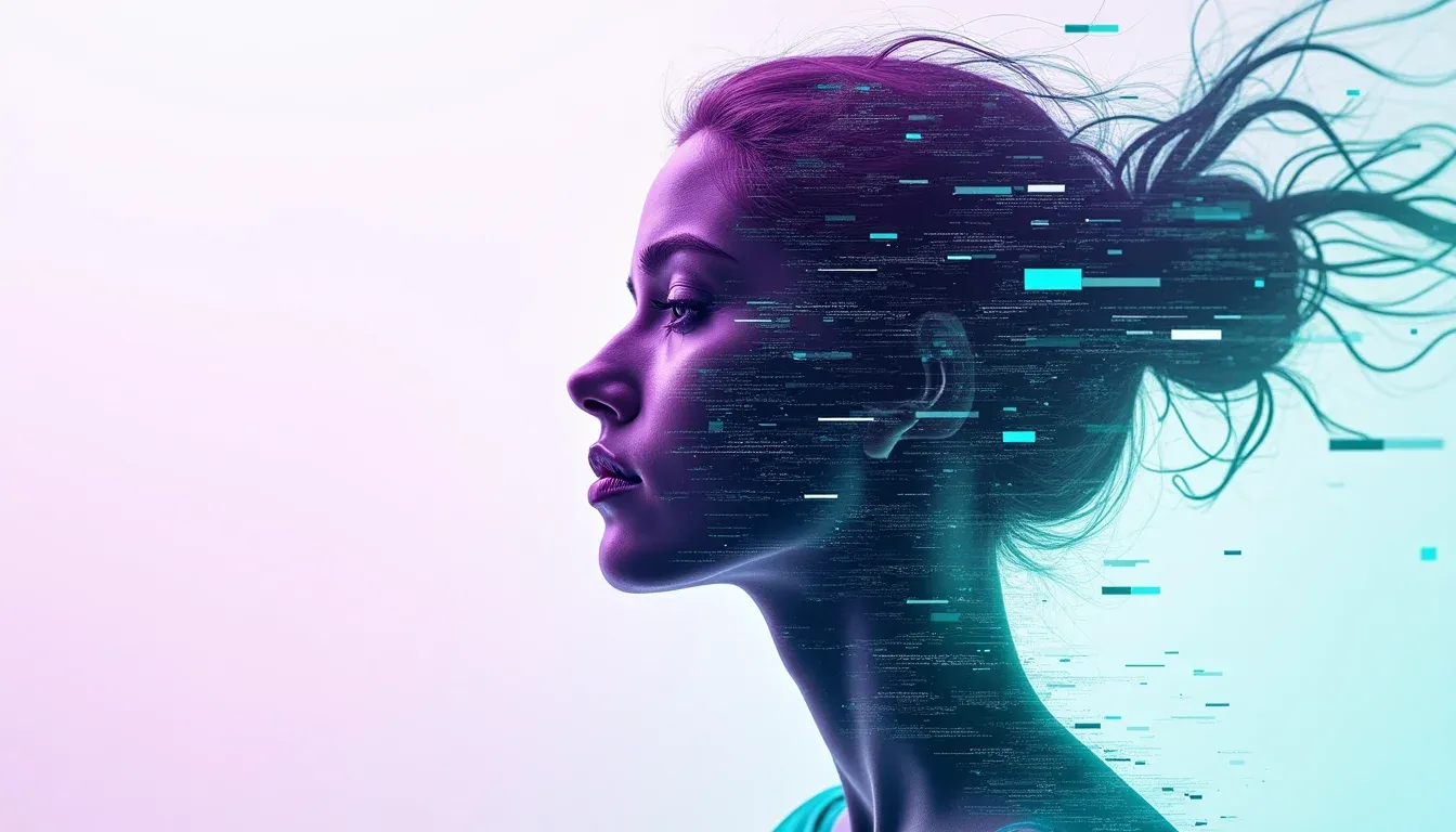 Gefragmenteerd digitaal gezicht lost op in datastroom met glitch-effect