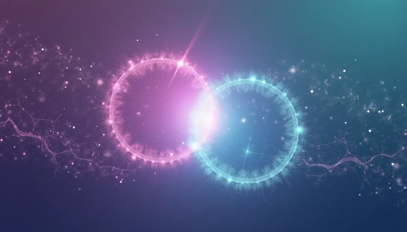 Twee overlappende cirkels verbonden door lichtdeeltjes als symbool voor vertrouwen