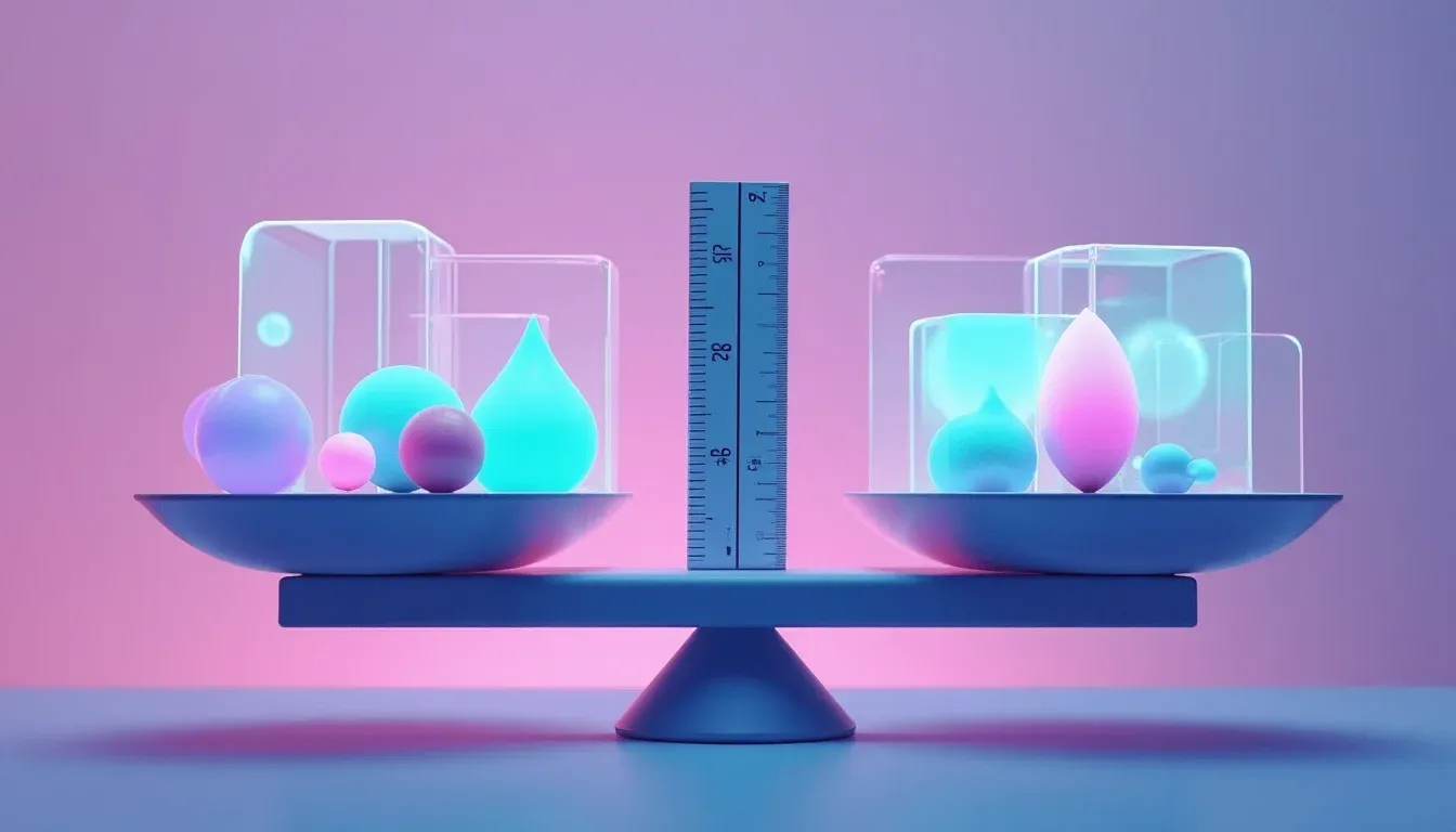 Geometrische vormen gewogen op weegschaal, teken van evaluatie