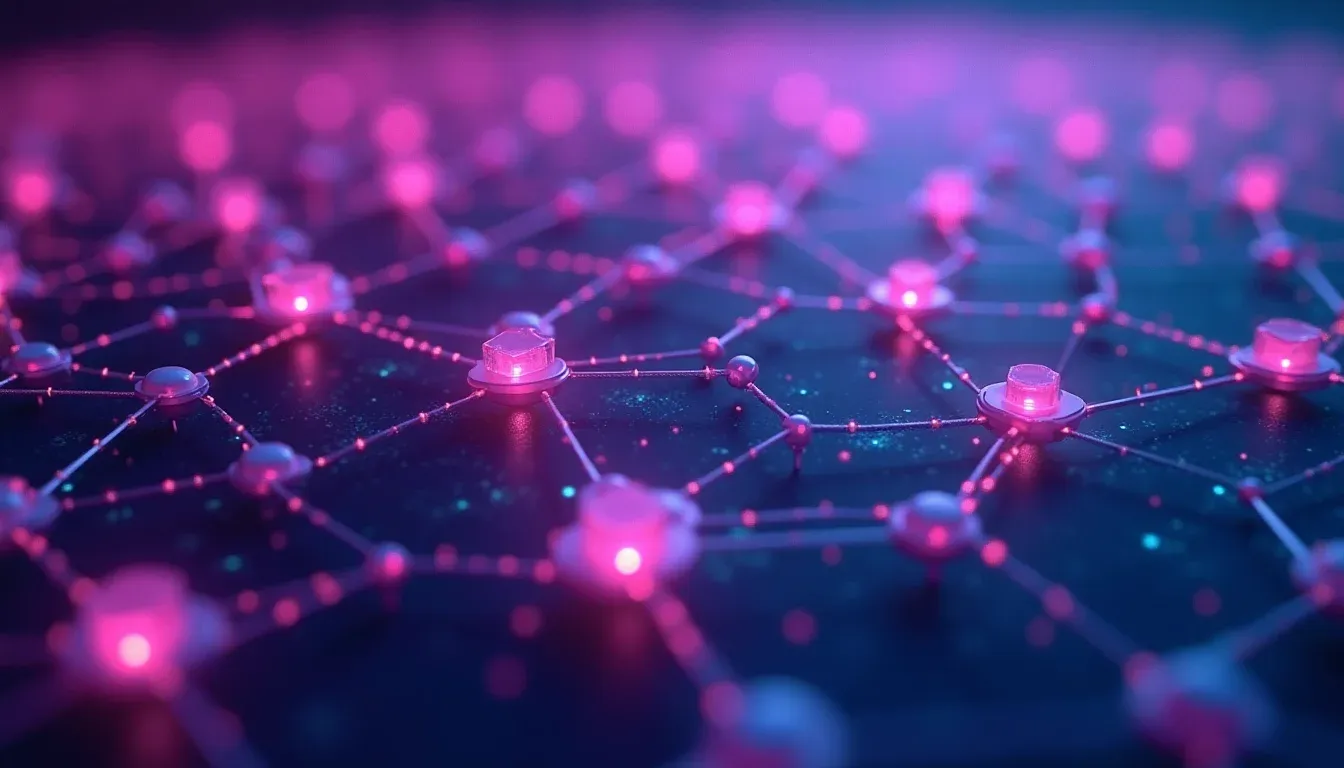 Verbonden kennisnetwerk met gloeiende dataknooppunten in paars en mint