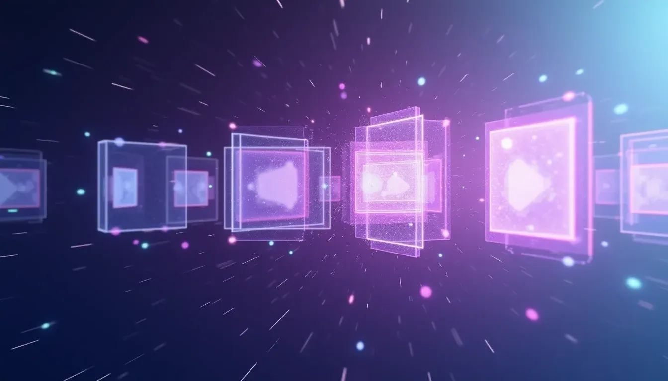 Gefragmenteerde videoframes in de ruimte, deels scherp en deels opgelost in pixels
