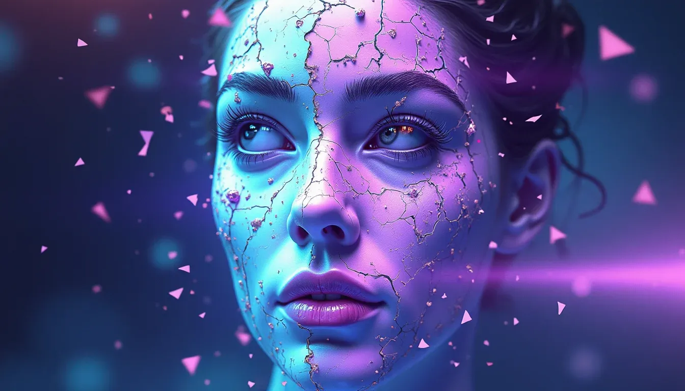 Gebroken spiegel met gefragmenteerde datastromen symboliseert AI-hallucinaties